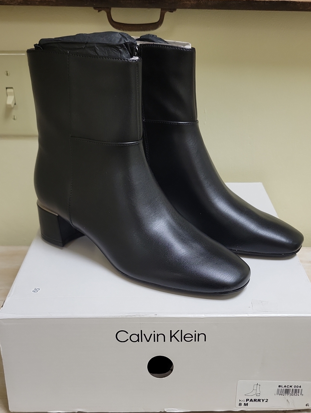Calvin Klein Black Smooth Leather Mid-Heel Ankle Booties